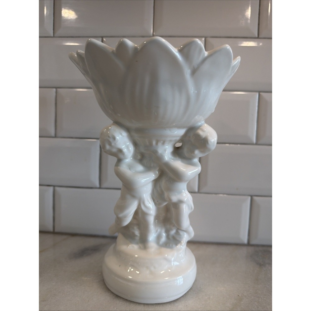 Vintage Ceramic Pearl White Glaze Cherub Pedestal Planter /dish/trinkets OLA001